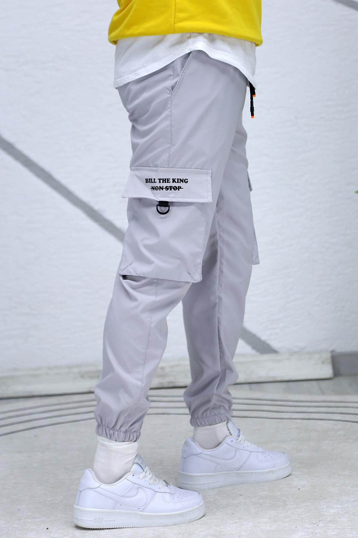 Erkek Fermuar Detaylı Paraşüt Kargo Pantolon (DAR KESİM) - Gri