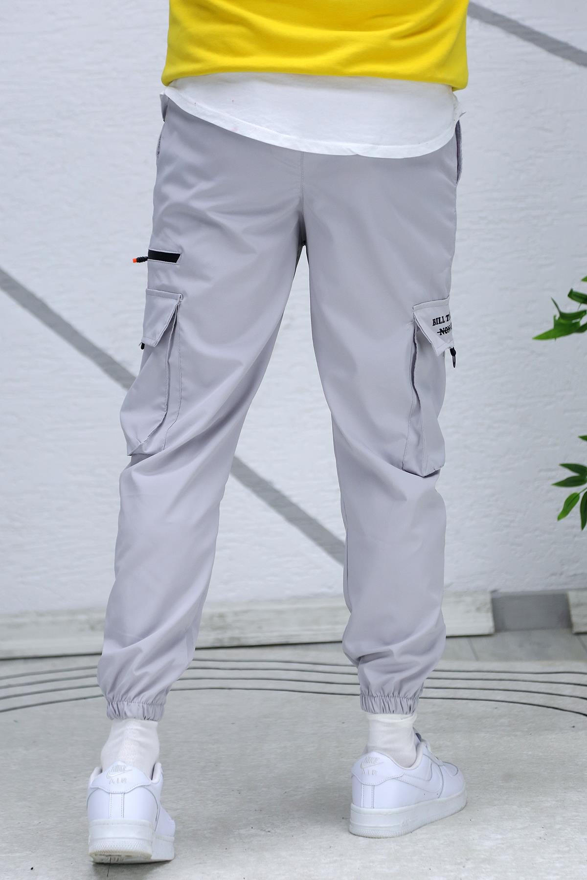 Erkek Fermuar Detaylı Paraşüt Kargo Pantolon (DAR KESİM) - Gri