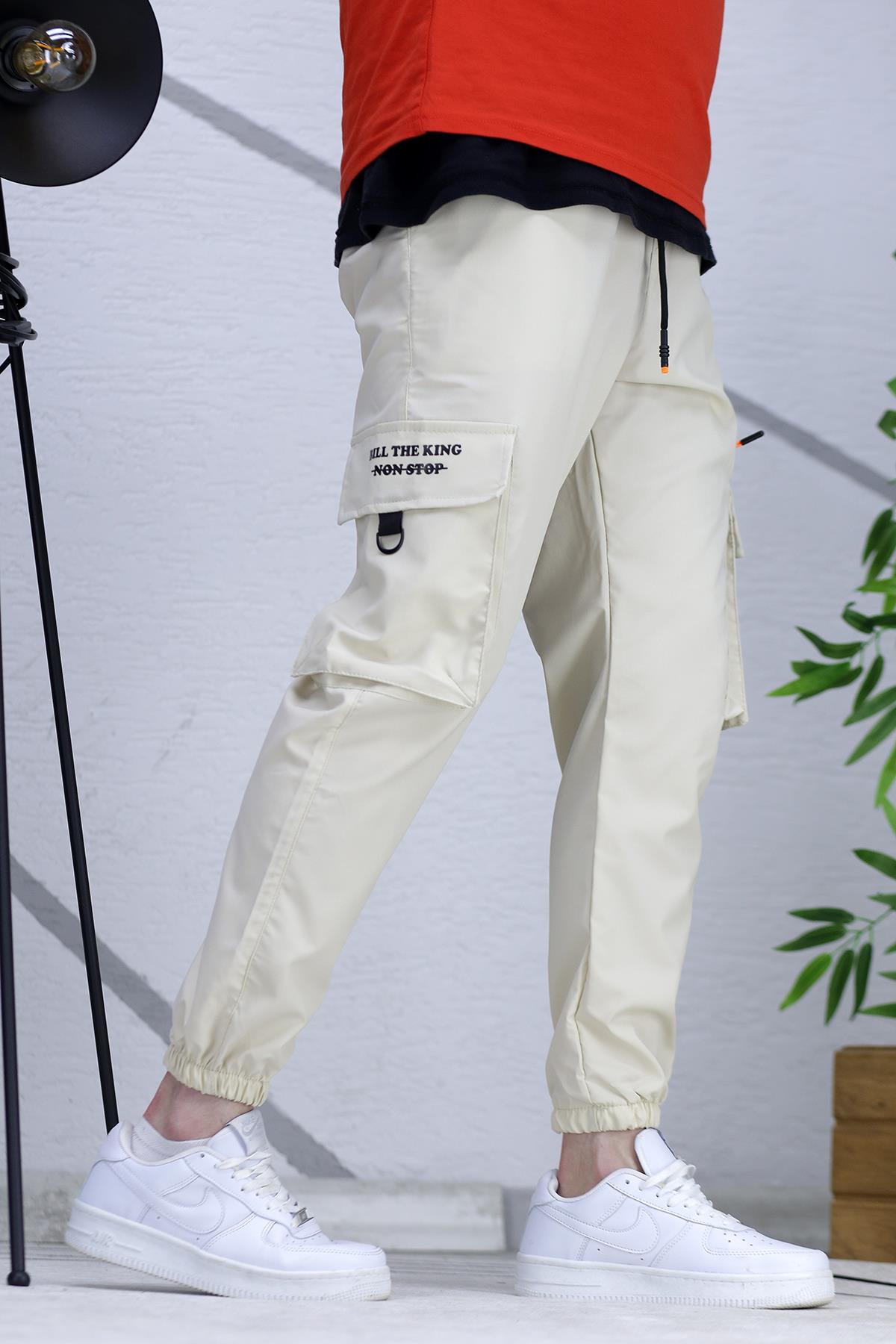 Erkek Fermuar Detaylı Paraşüt Kargo Pantolon (DAR KESİM) - Taş Rengi