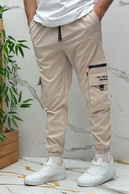 Erkek Fermuar Detaylı Paraşüt Kargo Pantolon (DAR KESİM) - Taş Rengi