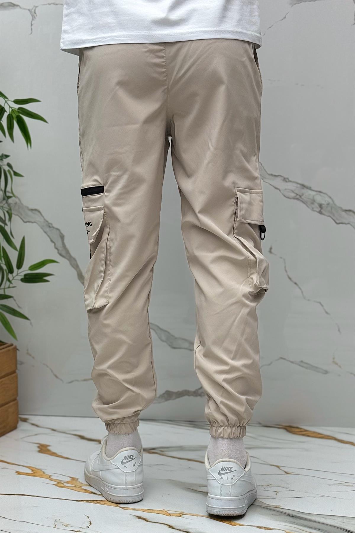 Erkek Fermuar Detaylı Paraşüt Kargo Pantolon (DAR KESİM) - Taş Rengi