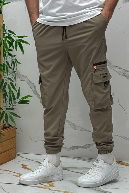 Erkek Fermuar Detaylı Paraşüt Kargo Pantolon (DAR KESİM) - Haki Yeşil