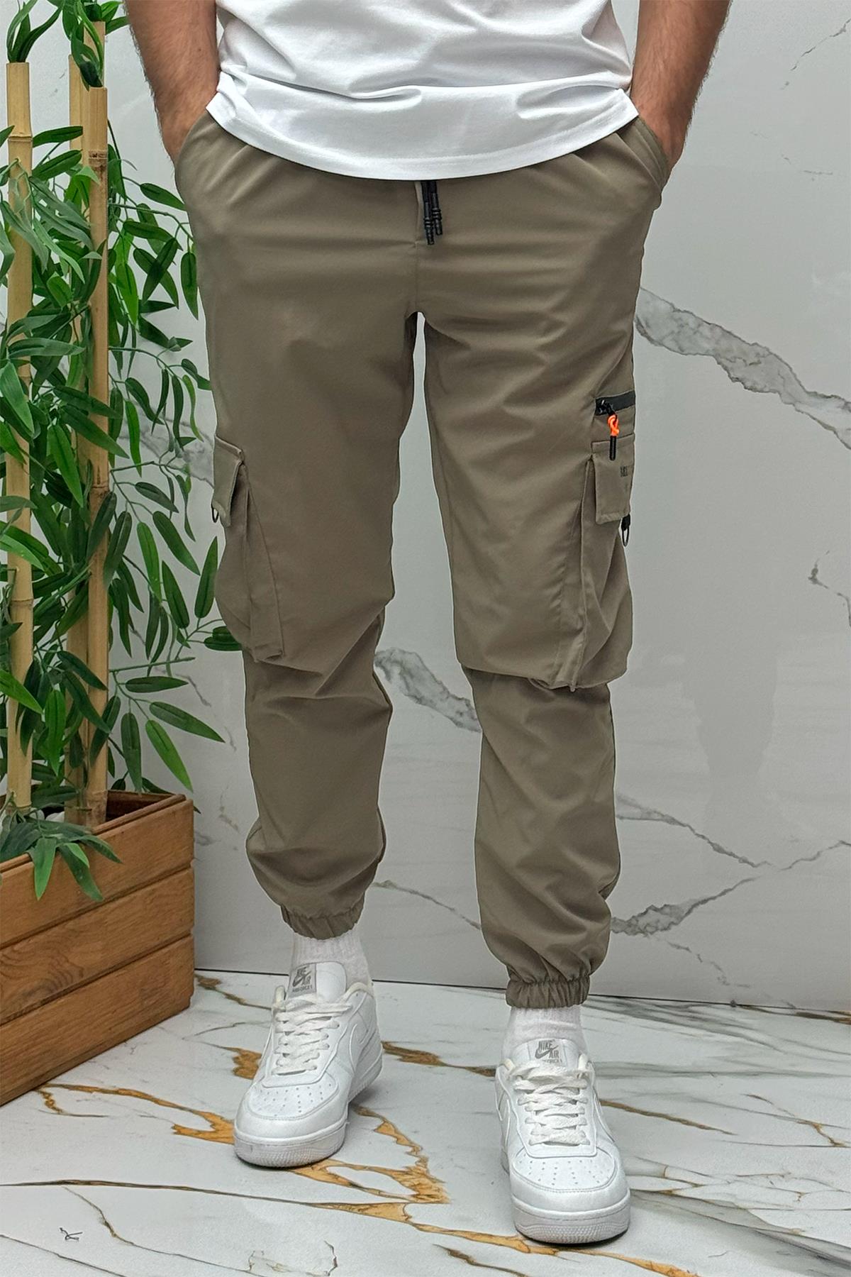 Erkek Fermuar Detaylı Paraşüt Kargo Pantolon (DAR KESİM) - Haki Yeşil