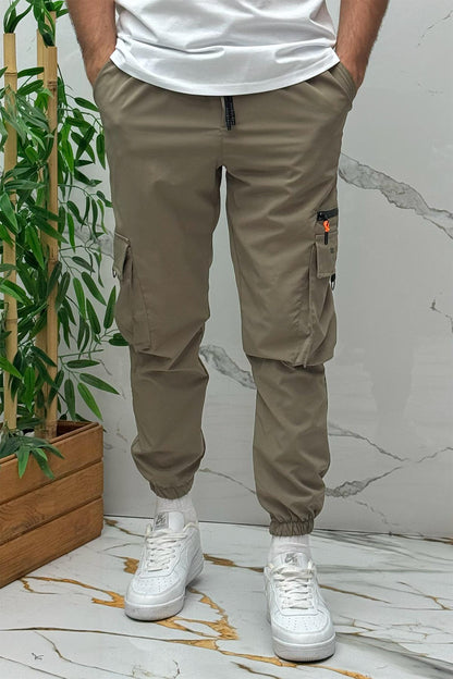 Erkek Fermuar Detaylı Paraşüt Kargo Pantolon (DAR KESİM) - Haki Yeşil