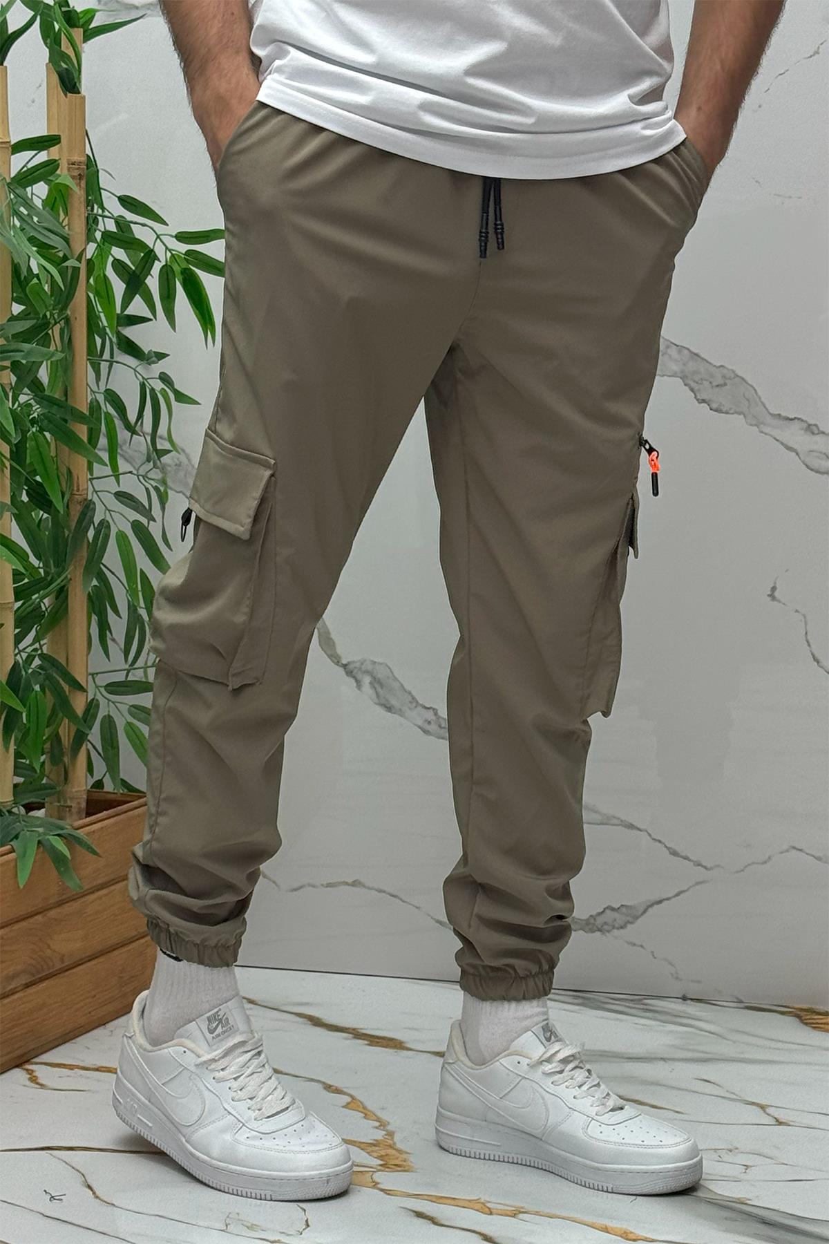 Erkek Fermuar Detaylı Paraşüt Kargo Pantolon (DAR KESİM) - Haki Yeşil