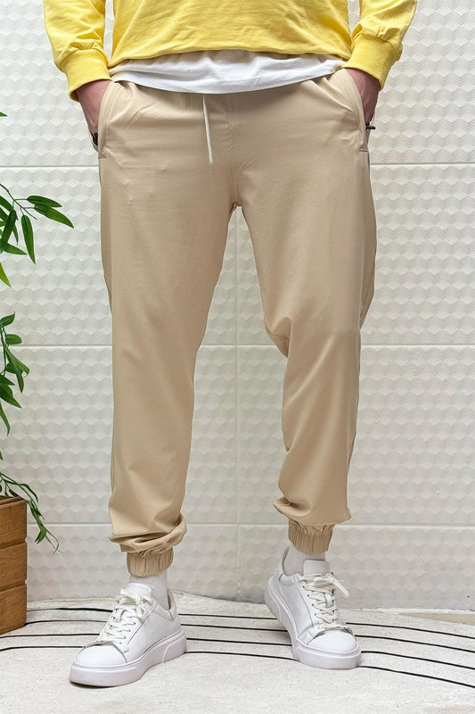 Erkek Full Likralı Paça Lastikli Jogger Pantolon - Bej