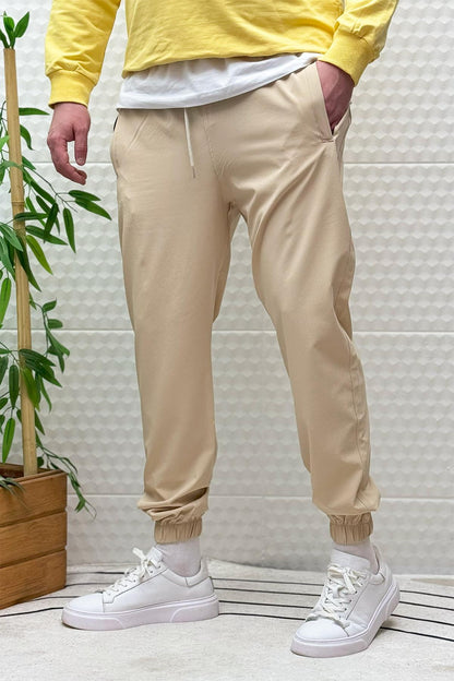 Erkek Full Likralı Paça Lastikli Jogger Pantolon - Bej