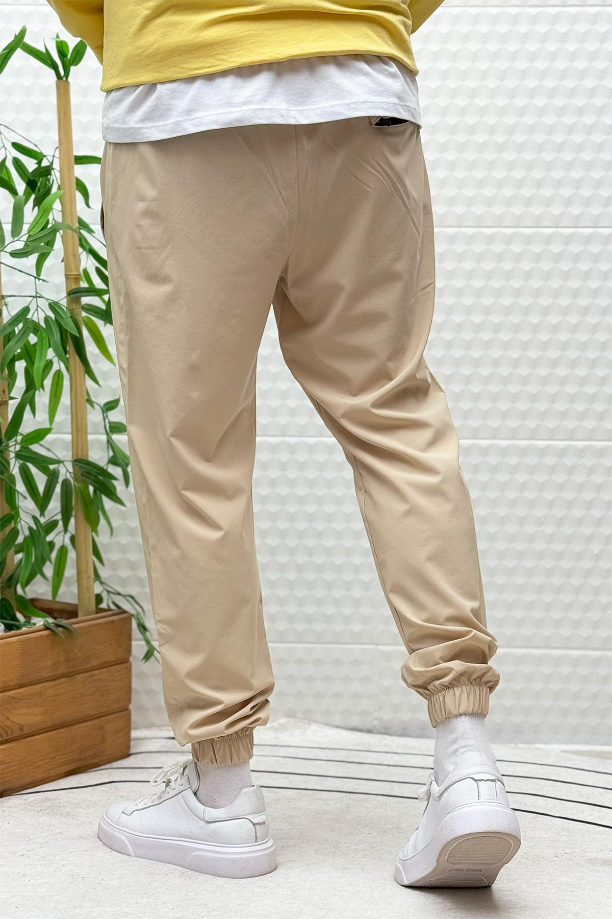 Erkek Full Likralı Paça Lastikli Jogger Pantolon - Bej