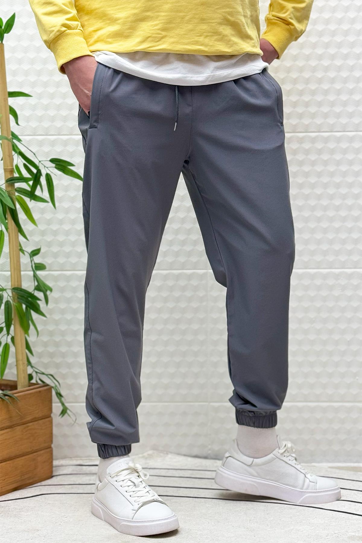 Erkek Full Likralı Paça Lastikli Jogger Pantolon - Koyu Gri