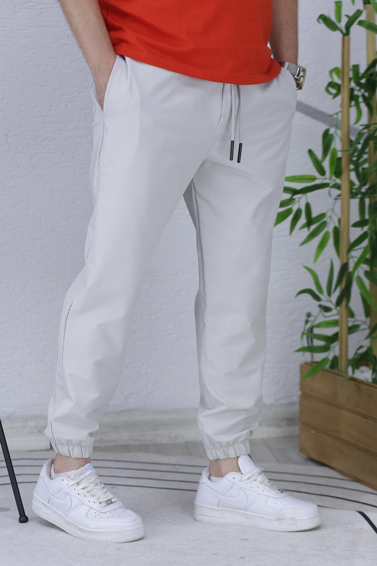 Erkek Full Likralı Paça Lastikli Jogger Pantolon - Açık Gri