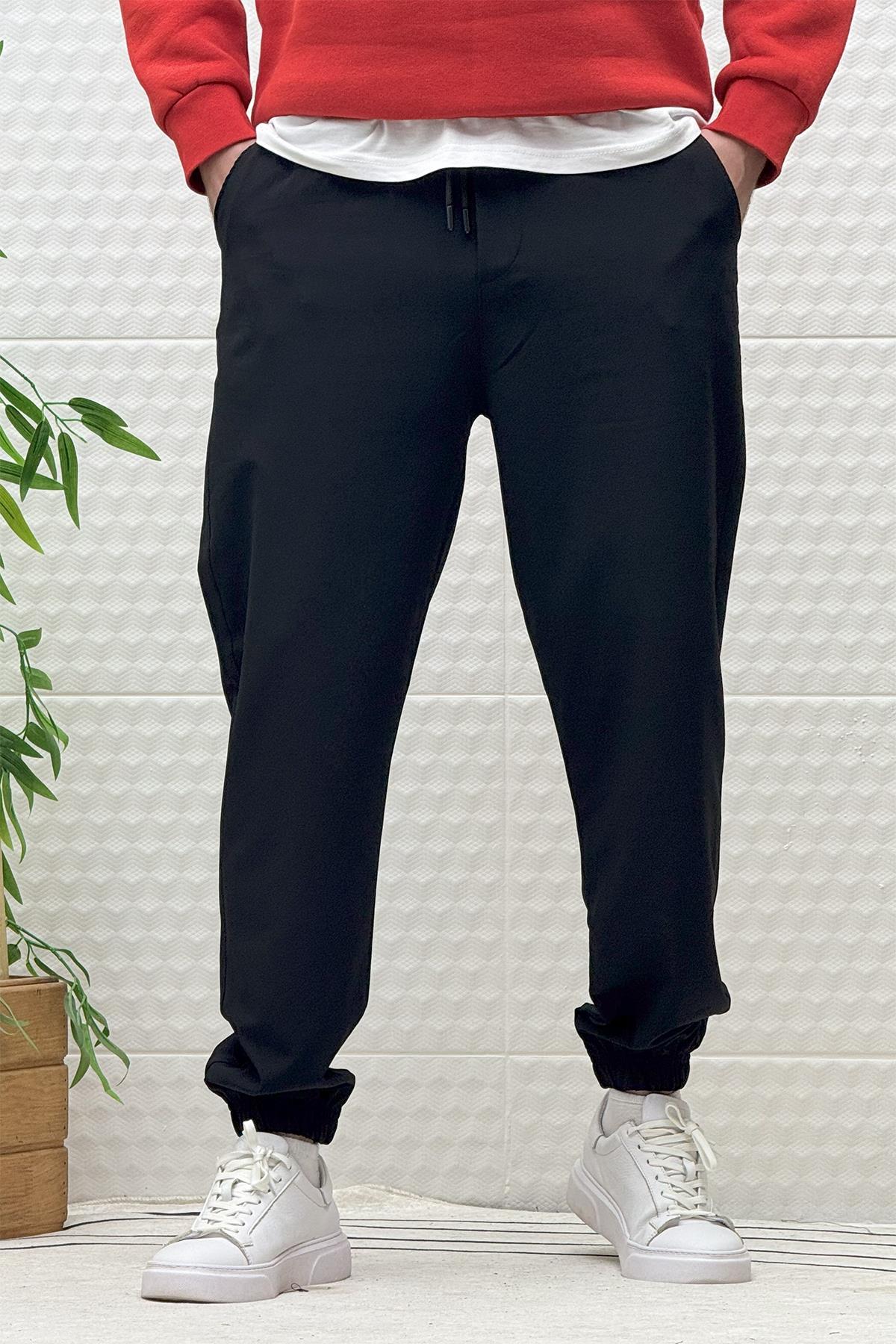 Erkek Full Likralı Paraşüt Kumaş Lastikli Jogger Pantolon - Siyah