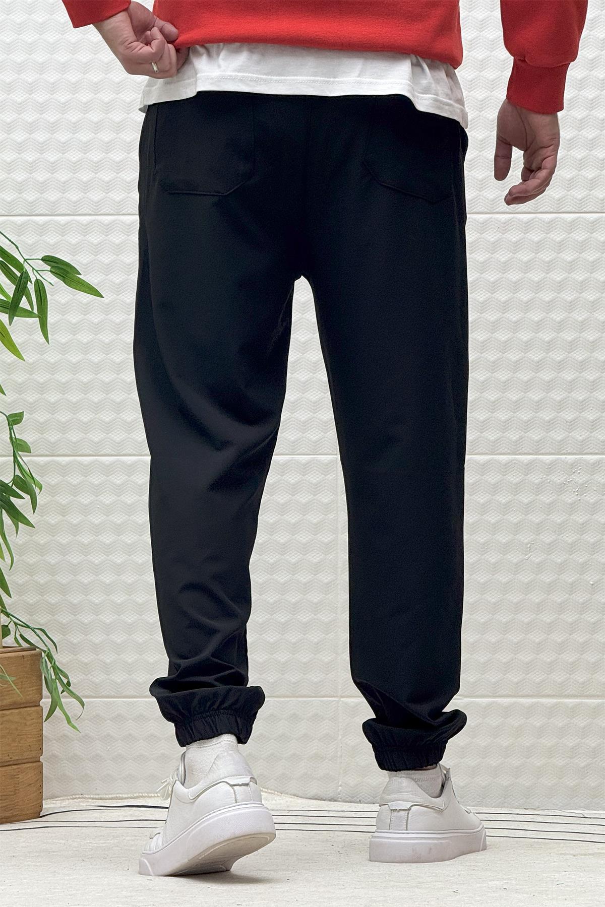 Erkek Full Likralı Paraşüt Kumaş Lastikli Jogger Pantolon - Siyah