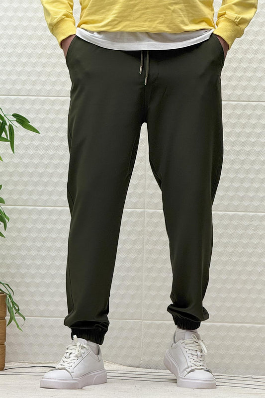 Erkek Full Likralı Paraşüt Kumaş Lastikli Jogger Pantolon - Haki Yeşil