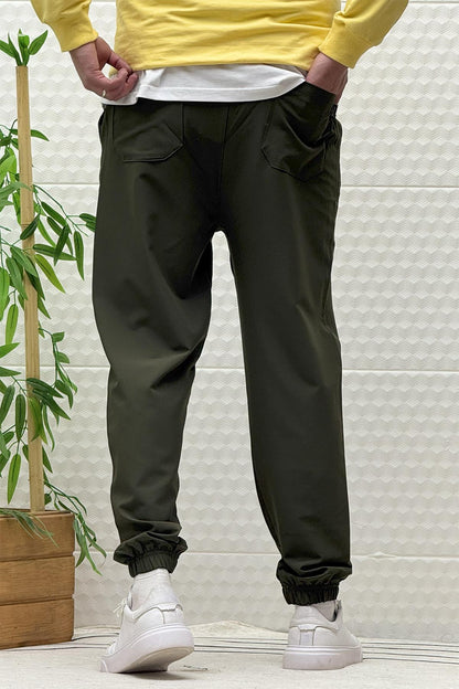 Erkek Full Likralı Paraşüt Kumaş Lastikli Jogger Pantolon - Haki Yeşil