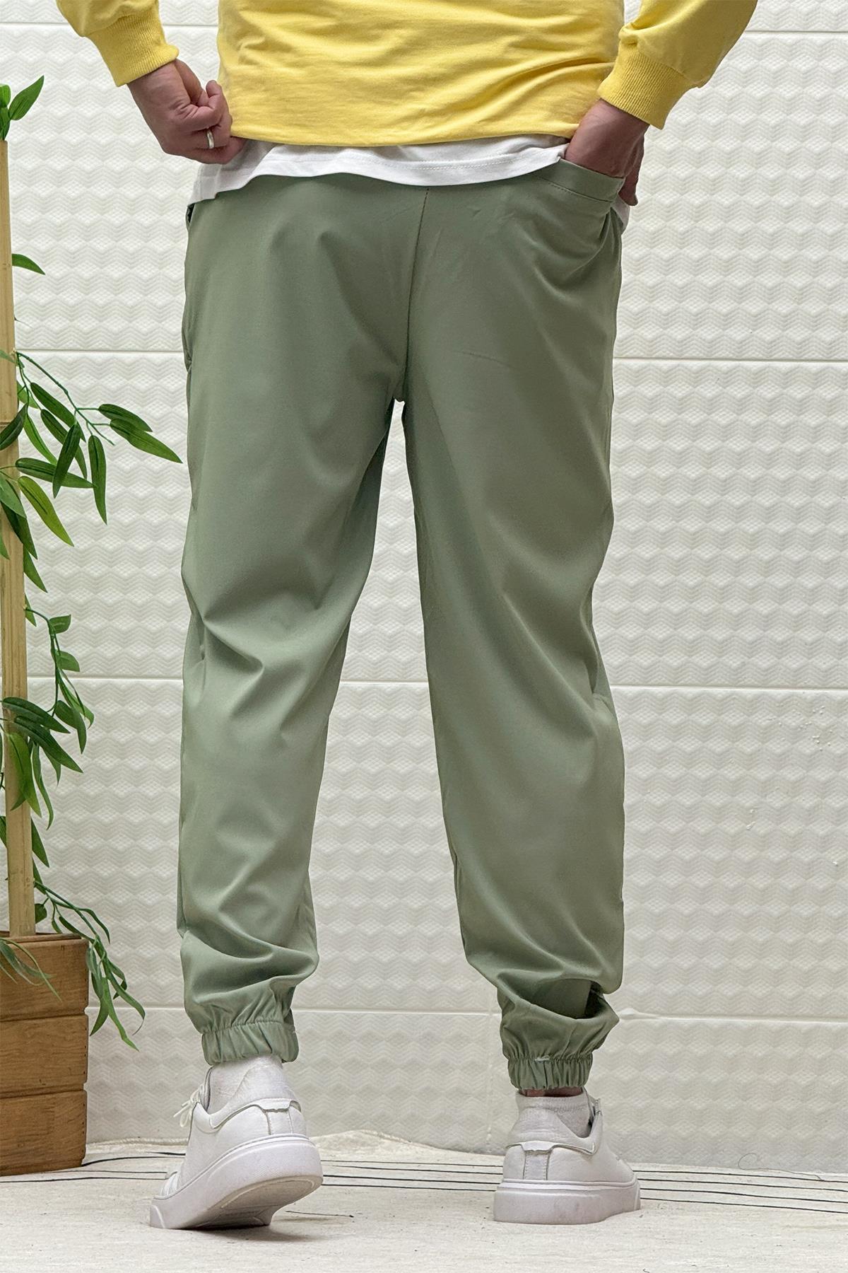 Erkek Full Likralı Paraşüt Kumaş Lastikli Jogger Pantolon - Su Yeşili