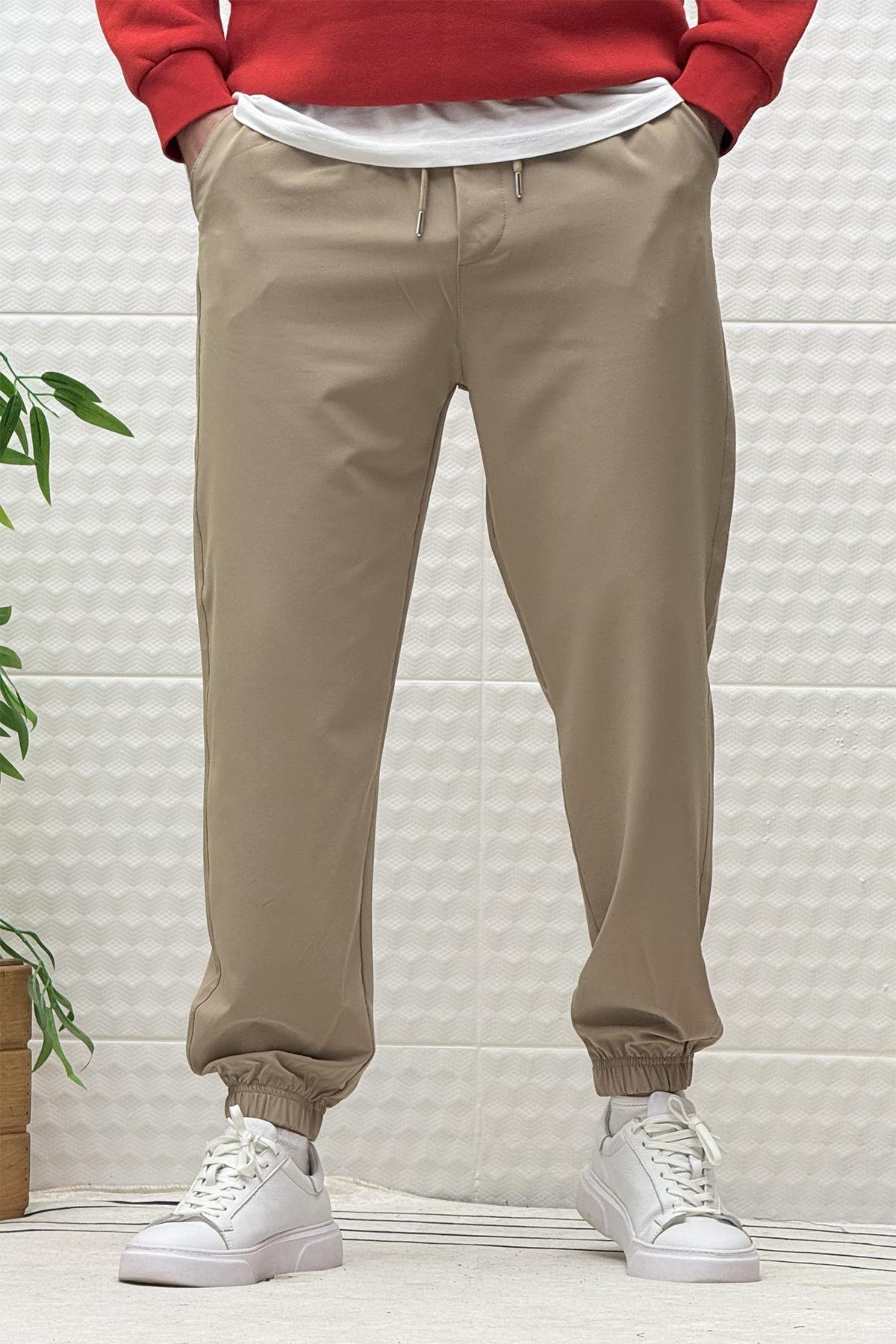 Erkek Full Likralı Paraşüt Kumaş Lastikli Jogger Pantolon - Vizon