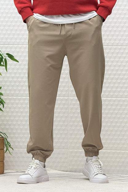 Erkek Full Likralı Paraşüt Kumaş Lastikli Jogger Pantolon - Vizon