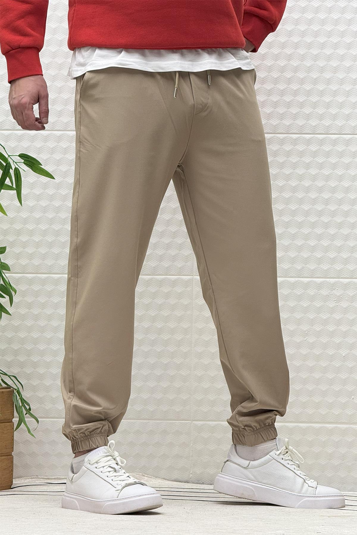 Erkek Full Likralı Paraşüt Kumaş Lastikli Jogger Pantolon - Vizon