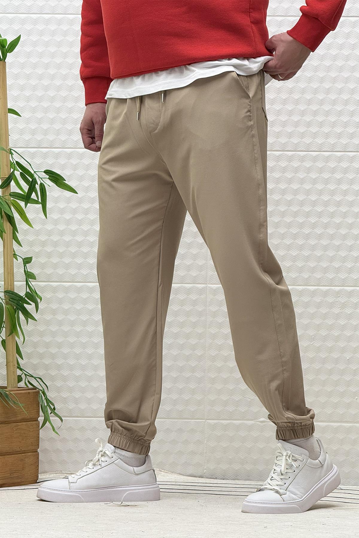 Erkek Full Likralı Paraşüt Kumaş Lastikli Jogger Pantolon - Vizon