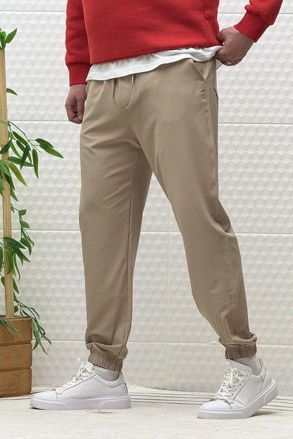 Erkek Full Likralı Paraşüt Kumaş Lastikli Jogger Pantolon - Vizon