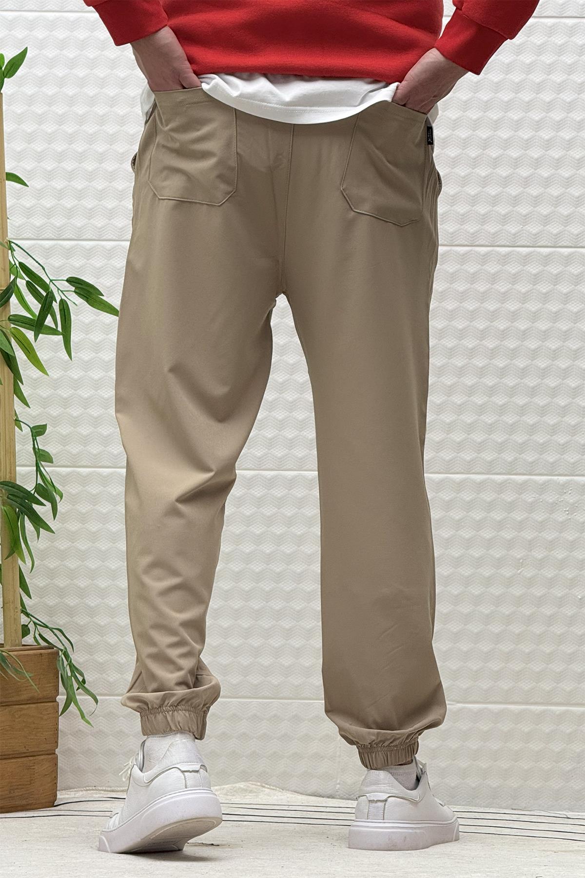 Erkek Full Likralı Paraşüt Kumaş Lastikli Jogger Pantolon - Vizon