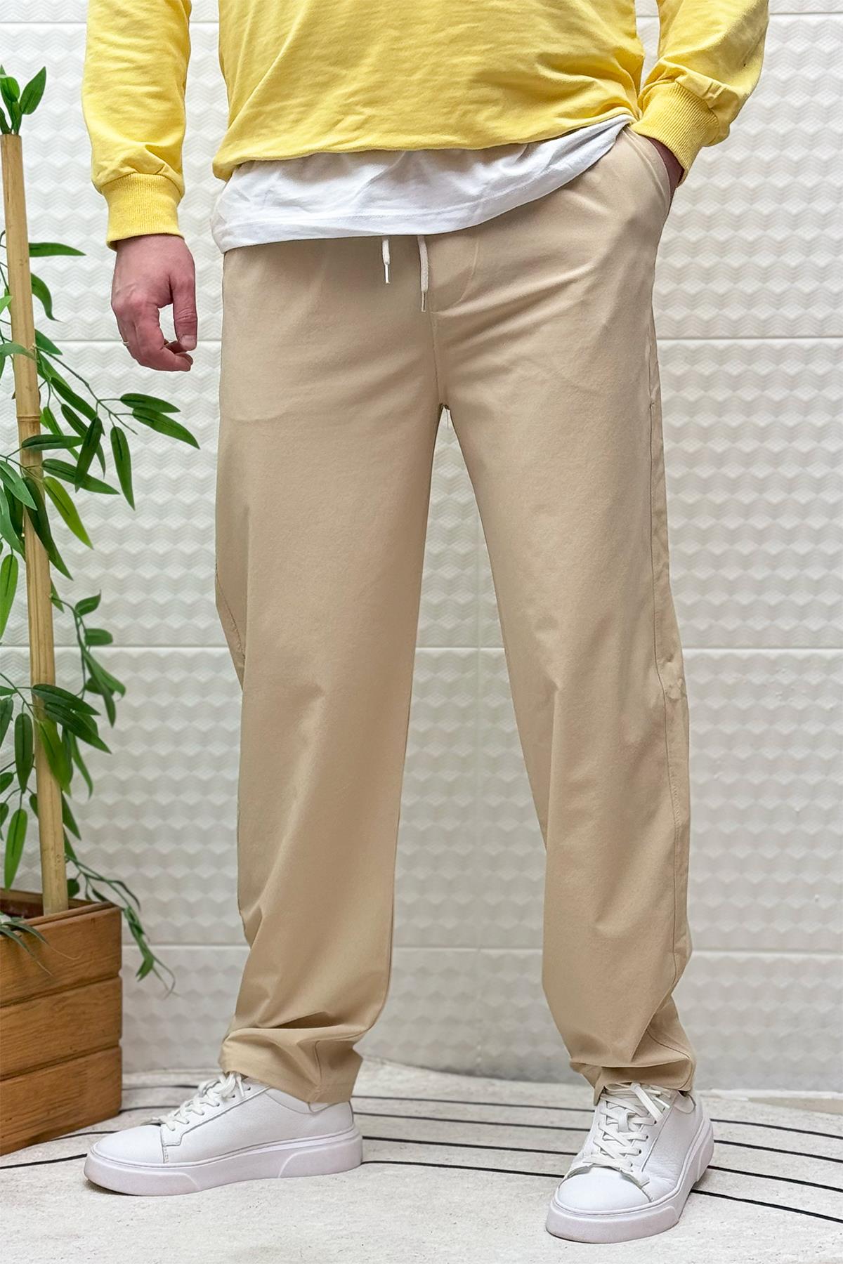 Erkek Full Likralı Rahat Kesim Baggy Jogger Pantolon - Bej
