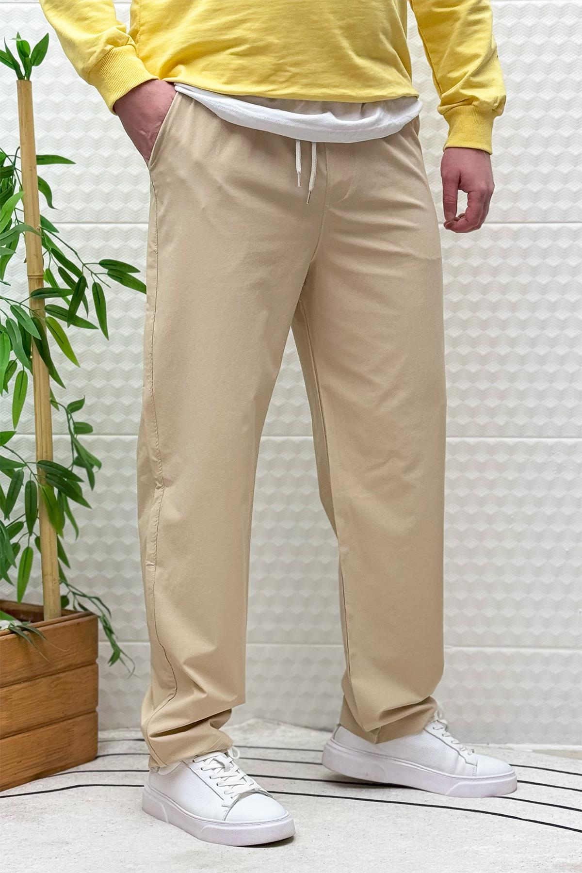 Erkek Full Likralı Rahat Kesim Baggy Jogger Pantolon - Bej