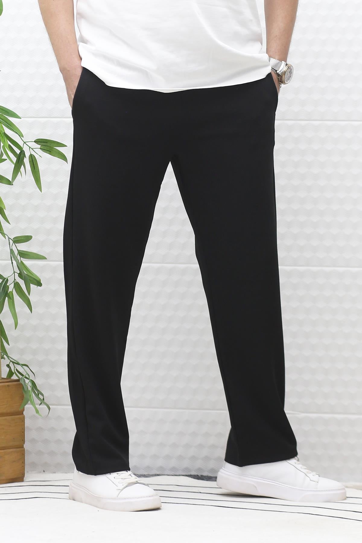 Erkek Full Likralı Rahat Kesim Baggy Pantolon Bel Lastikli - Siyah