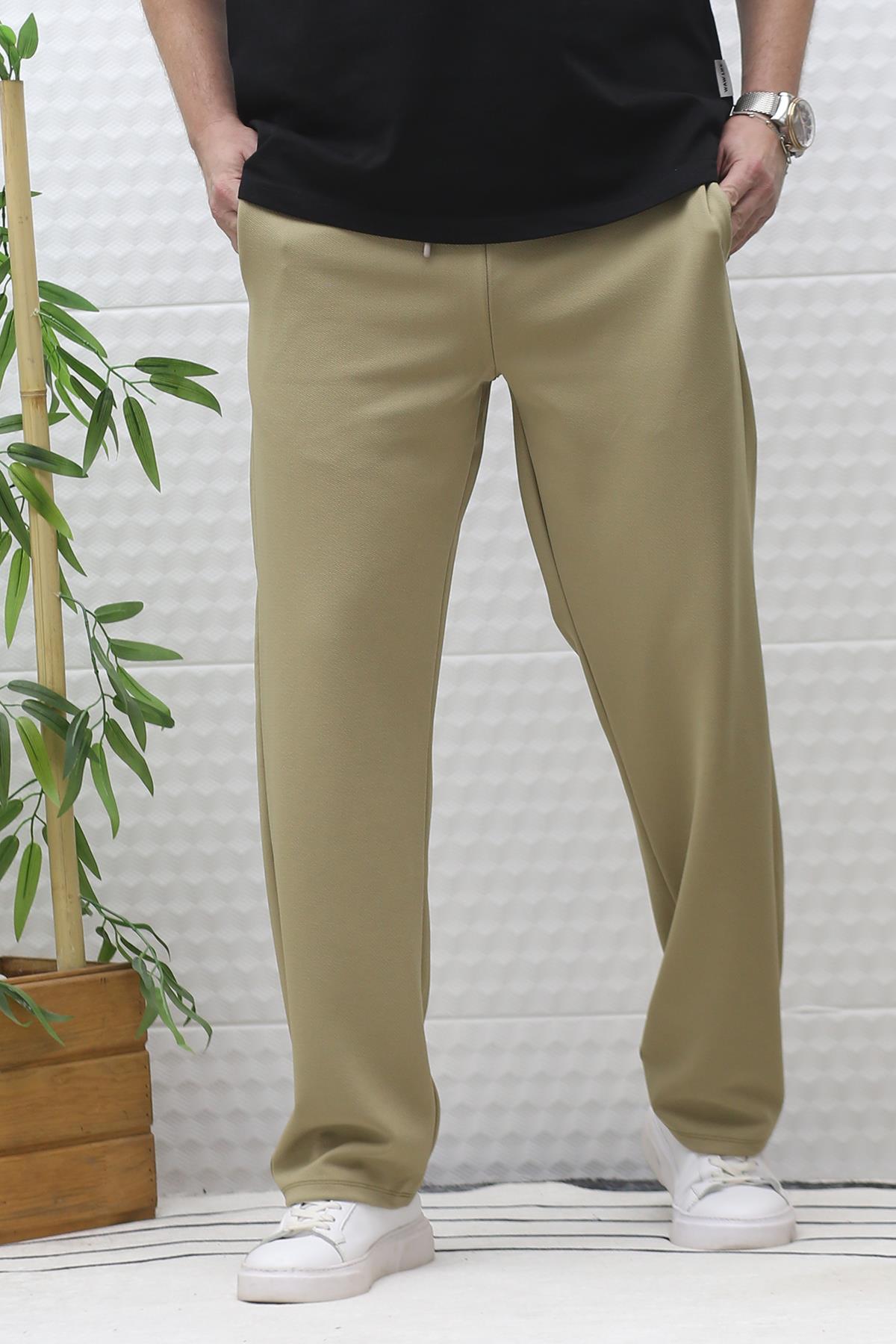 Erkek Full Likralı Rahat Kesim Baggy Pantolon Bel Lastikli - Haki Yeşil