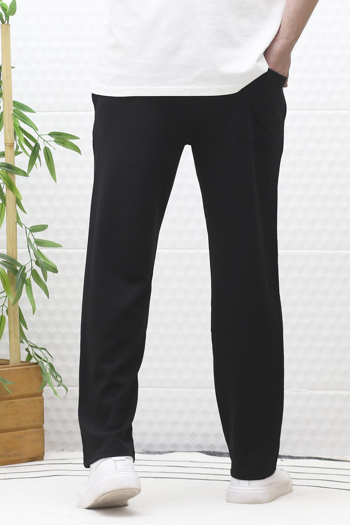 Erkek Full Likralı Rahat Kesim Baggy Pantolon Bel Lastikli - Siyah