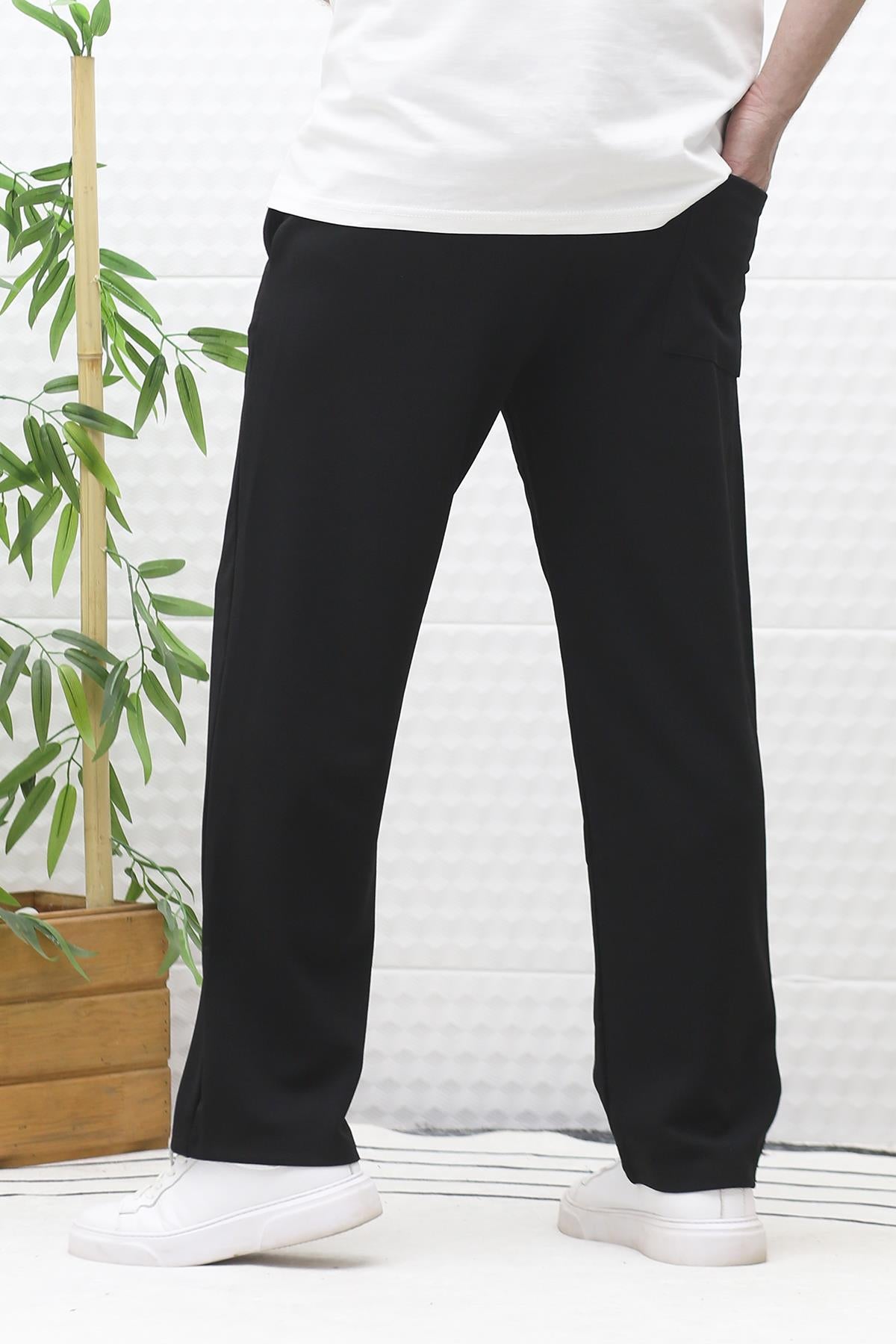 Erkek Full Likralı Rahat Kesim Baggy Pantolon Bel Lastikli - Siyah