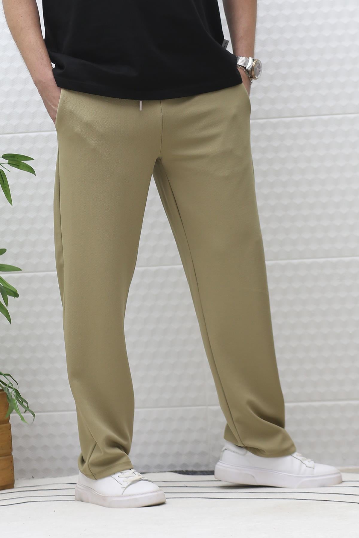 Erkek Full Likralı Rahat Kesim Baggy Pantolon Bel Lastikli - Haki Yeşil