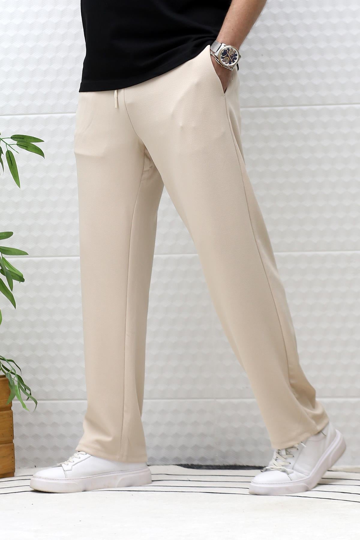 Erkek Full Likralı Rahat Kesim Baggy Pantolon Bel Lastikli - Bej