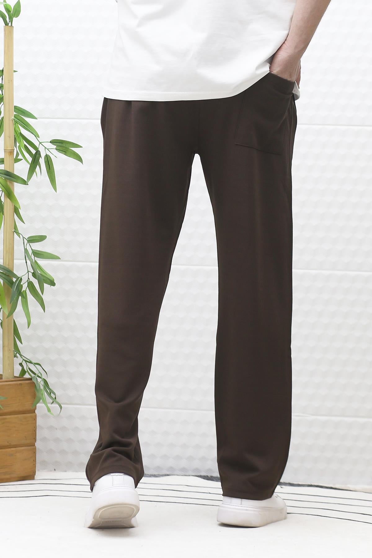 Erkek Full Likralı Rahat Kesim Baggy Pantolon Bel Lastikli - Kahve