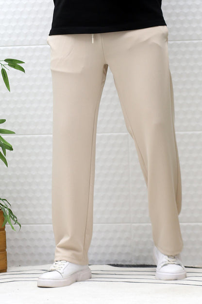 Erkek Full Likralı Rahat Kesim Baggy Pantolon Bel Lastikli - Bej