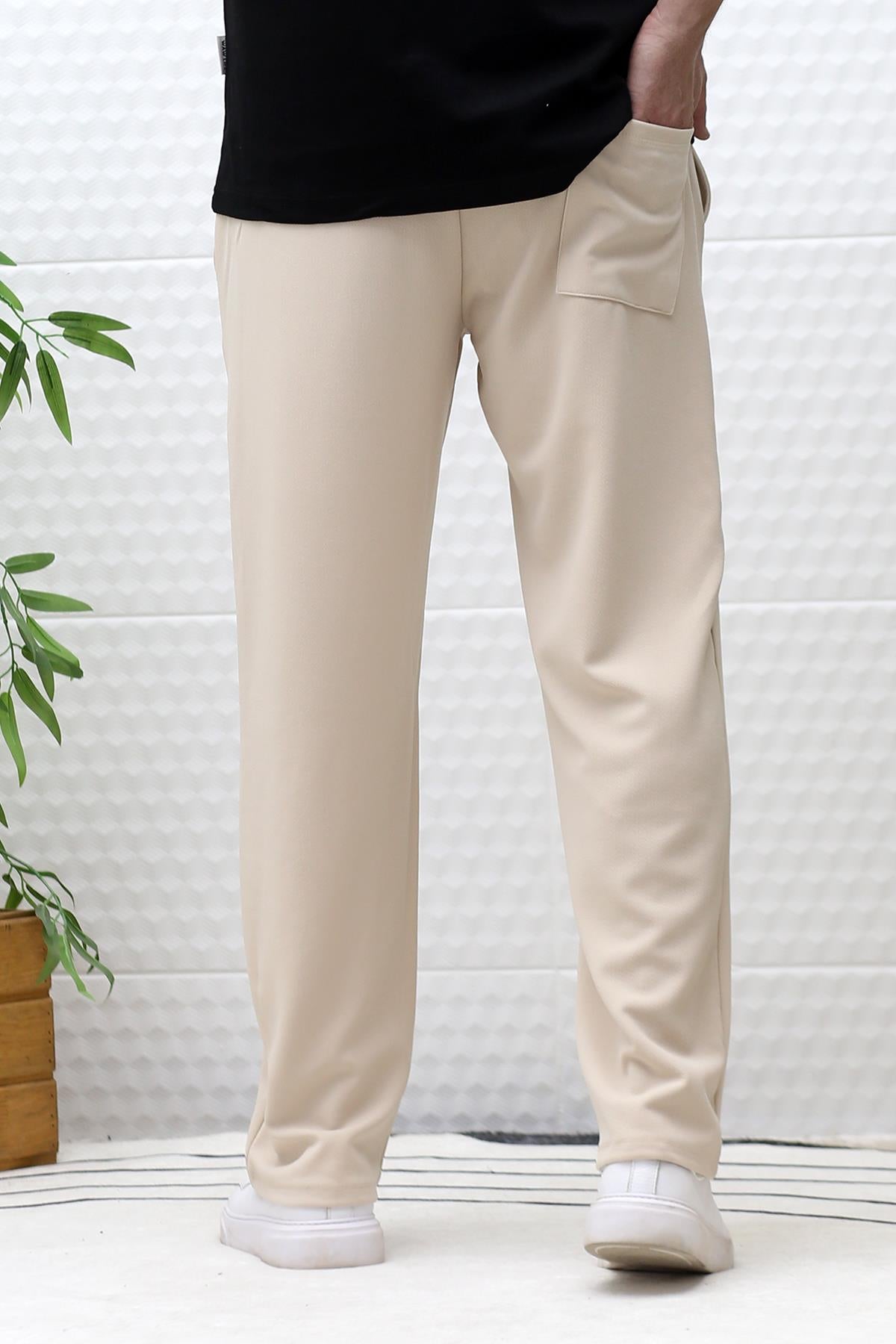 Erkek Full Likralı Rahat Kesim Baggy Pantolon Bel Lastikli - Bej