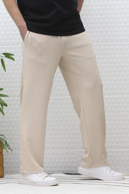 Erkek Full Likralı Rahat Kesim Baggy Pantolon Bel Lastikli - Bej