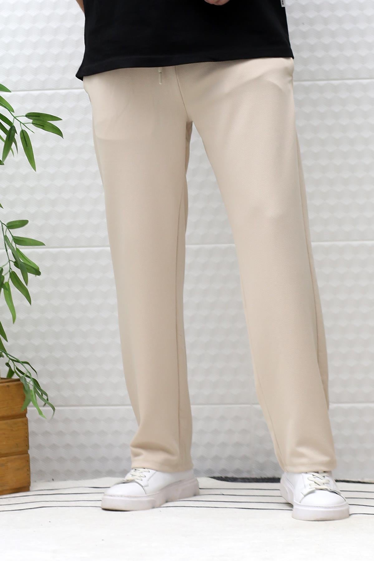 Erkek Full Likralı Rahat Kesim Baggy Pantolon Bel Lastikli - Bej