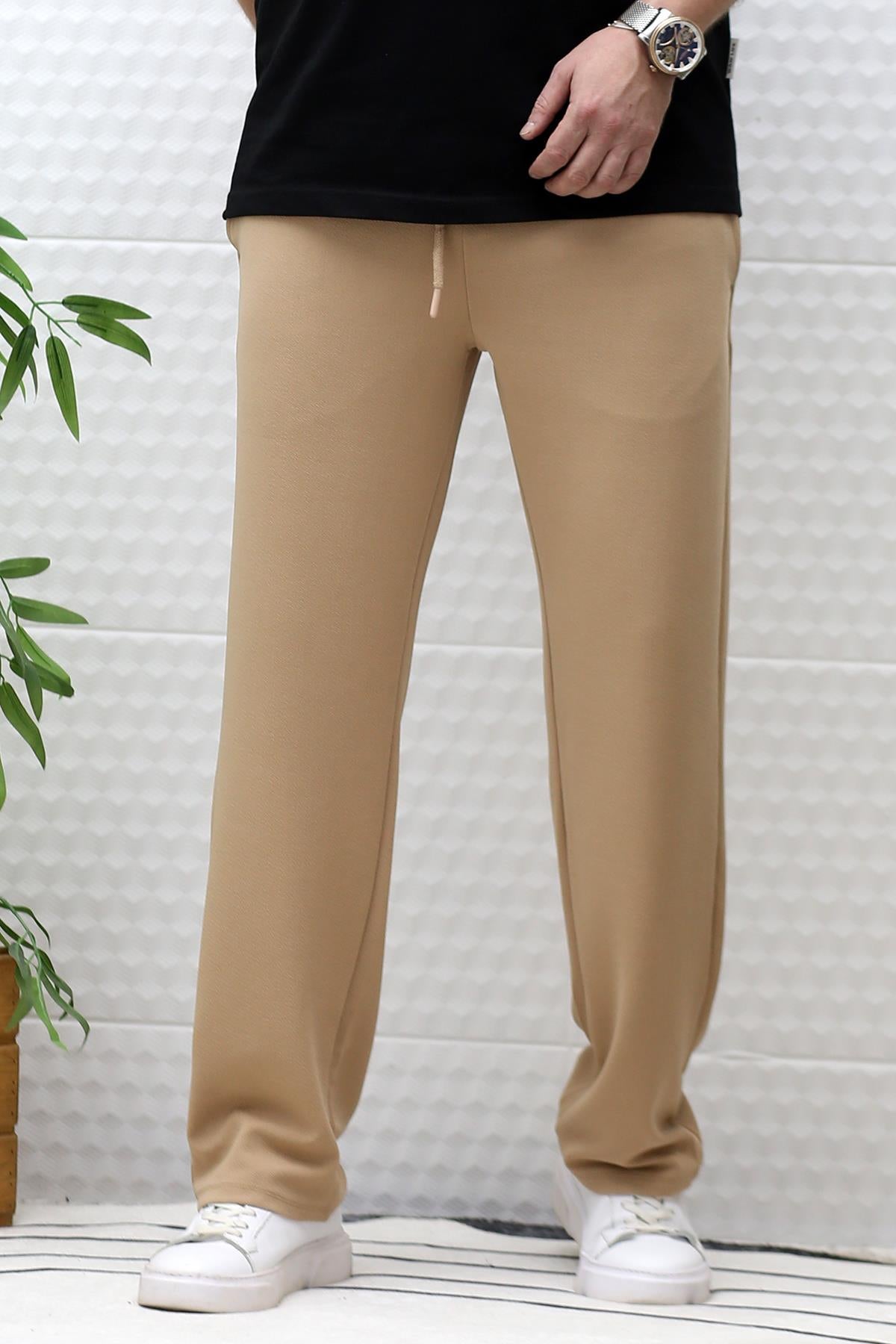 Erkek Full Likralı Rahat Kesim Baggy Pantolon Bel Lastikli - Sütlü Kahve