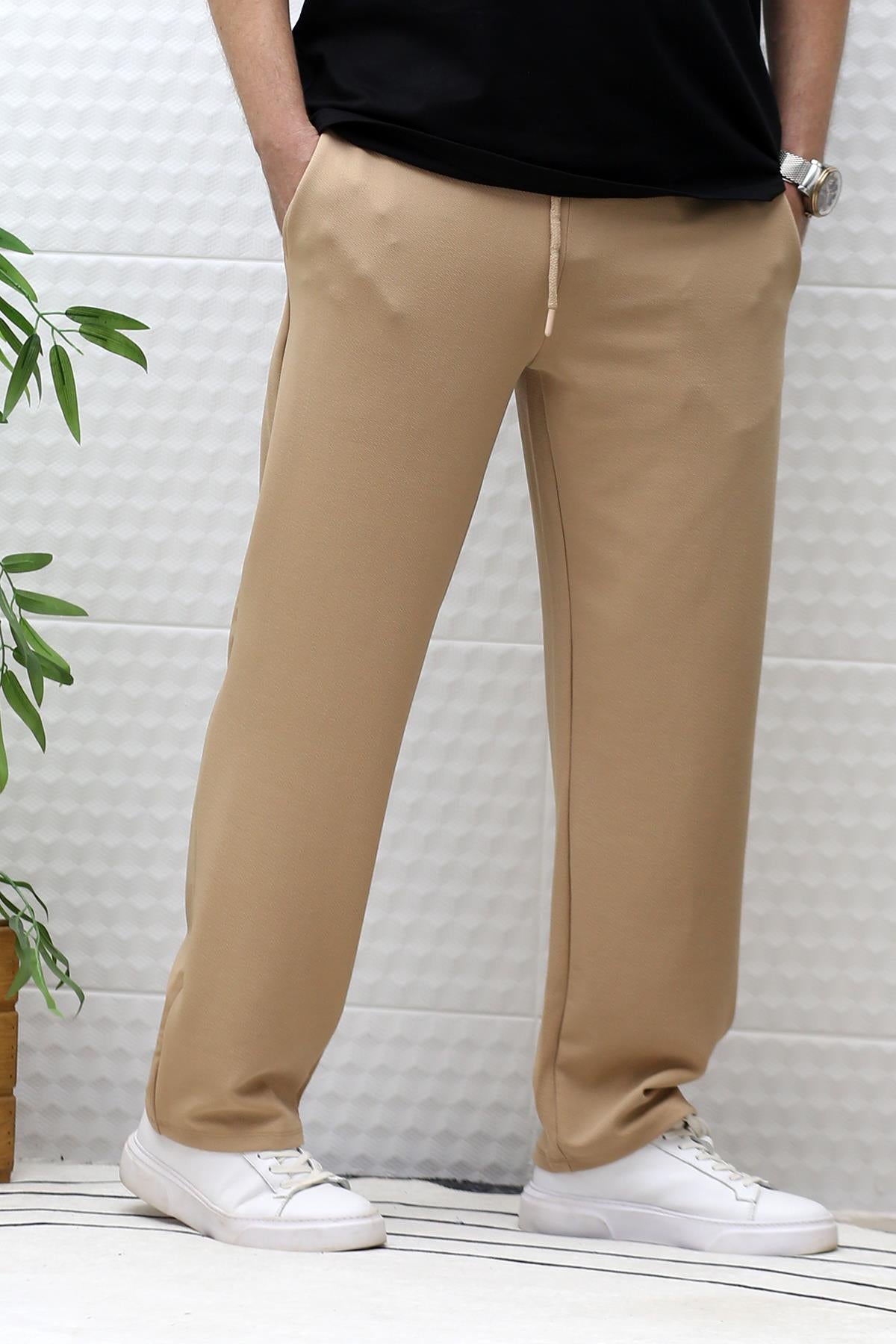Erkek Full Likralı Rahat Kesim Baggy Pantolon Bel Lastikli - Sütlü Kahve