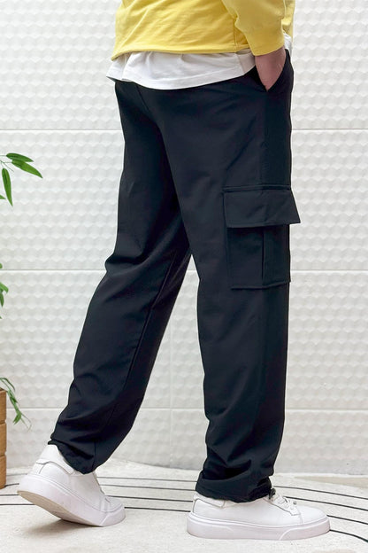 Erkek Full Likralı Rahat Kesim Kargo Cepli  Baggy Jogger Pantolon - Siyah