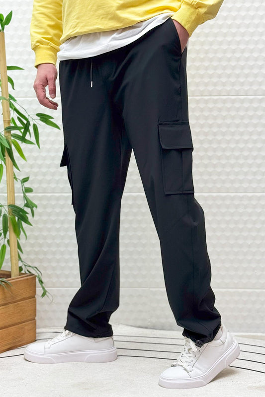 Erkek Full Likralı Rahat Kesim Kargo Cepli  Baggy Jogger Pantolon - Siyah