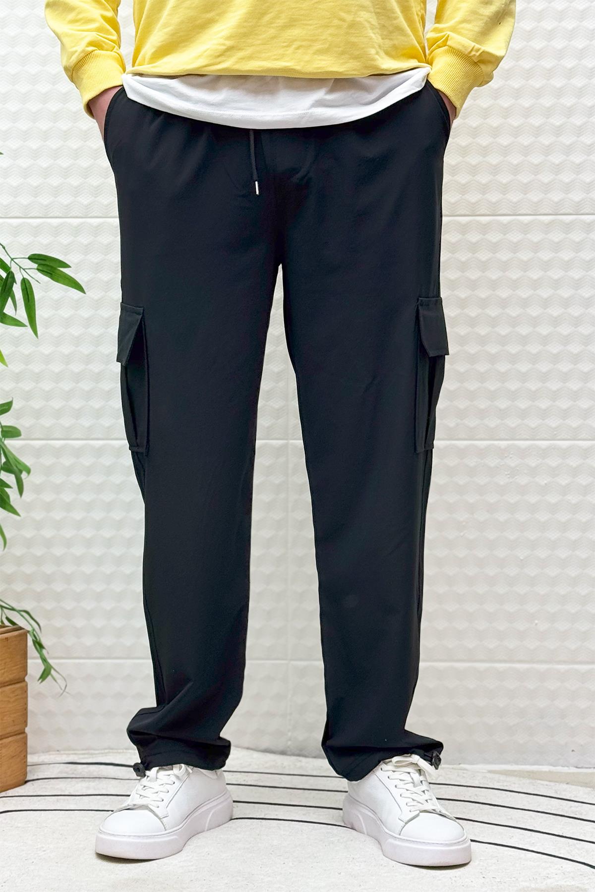 Erkek Full Likralı Rahat Kesim Kargo Cepli  Baggy Jogger Pantolon - Siyah