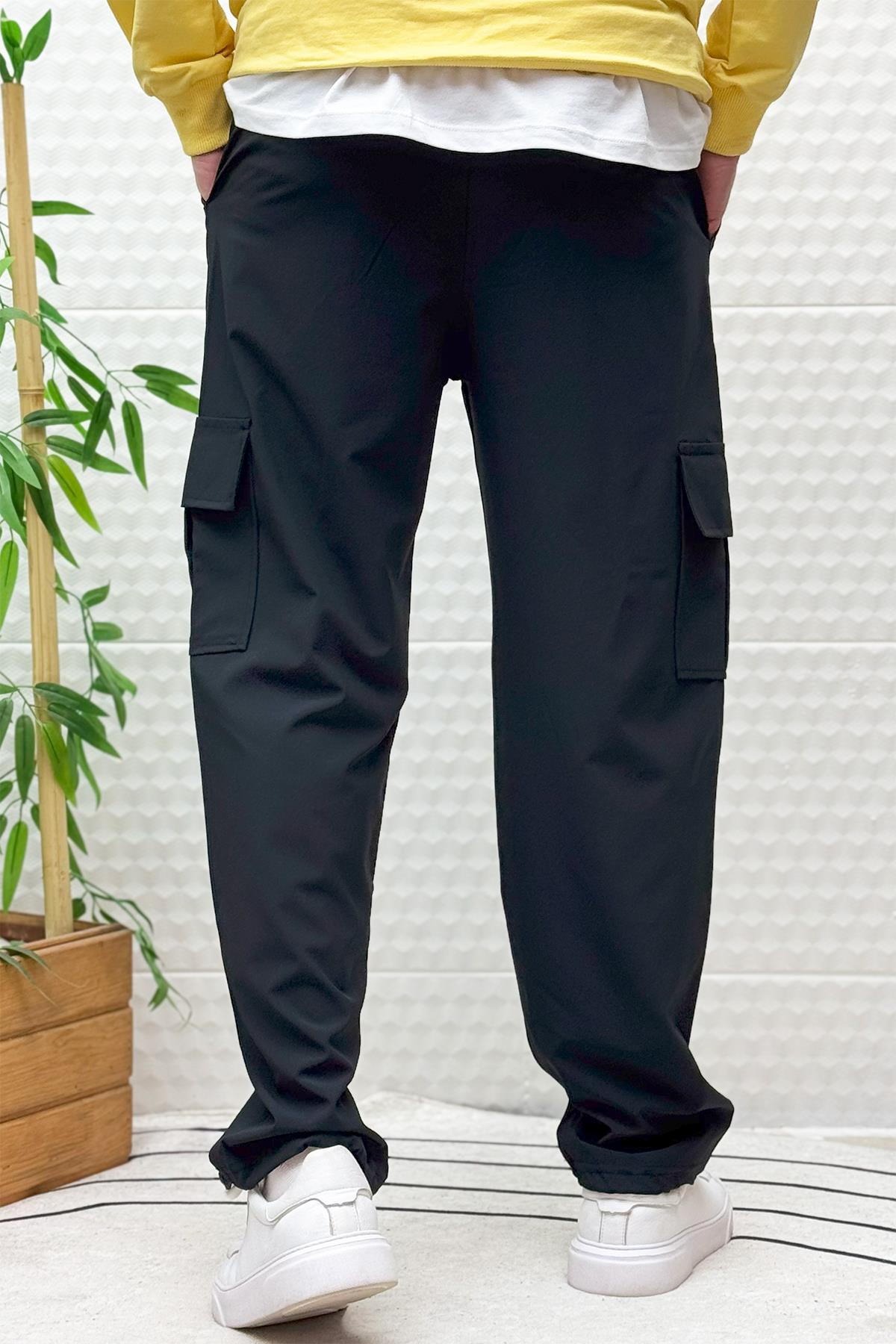 Erkek Full Likralı Rahat Kesim Kargo Cepli  Baggy Jogger Pantolon - Siyah