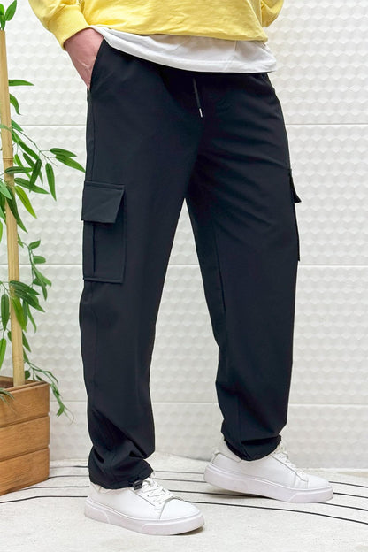 Erkek Full Likralı Rahat Kesim Kargo Cepli  Baggy Jogger Pantolon - Siyah