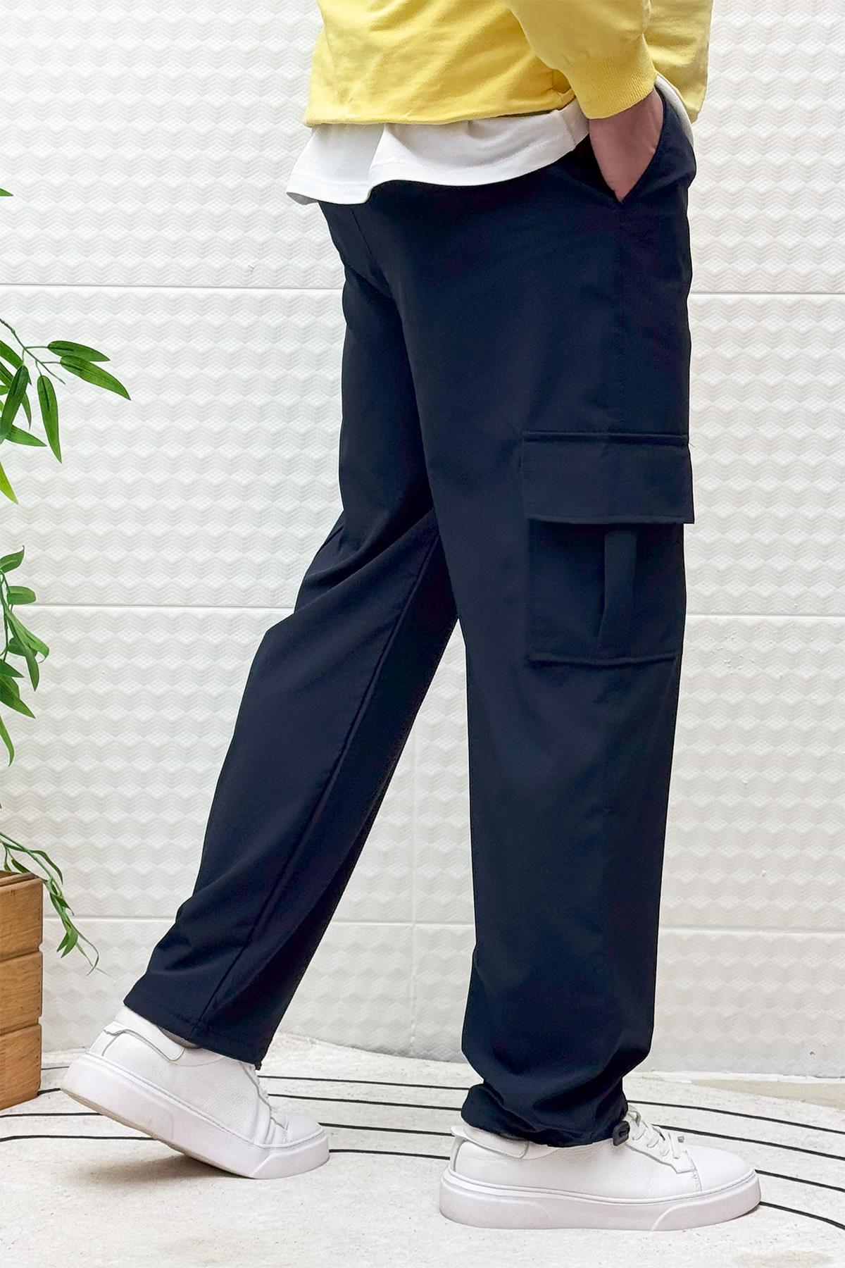 Erkek Full Likralı Rahat Kesim Kargo Cepli  Baggy Jogger Pantolon - Lacivert