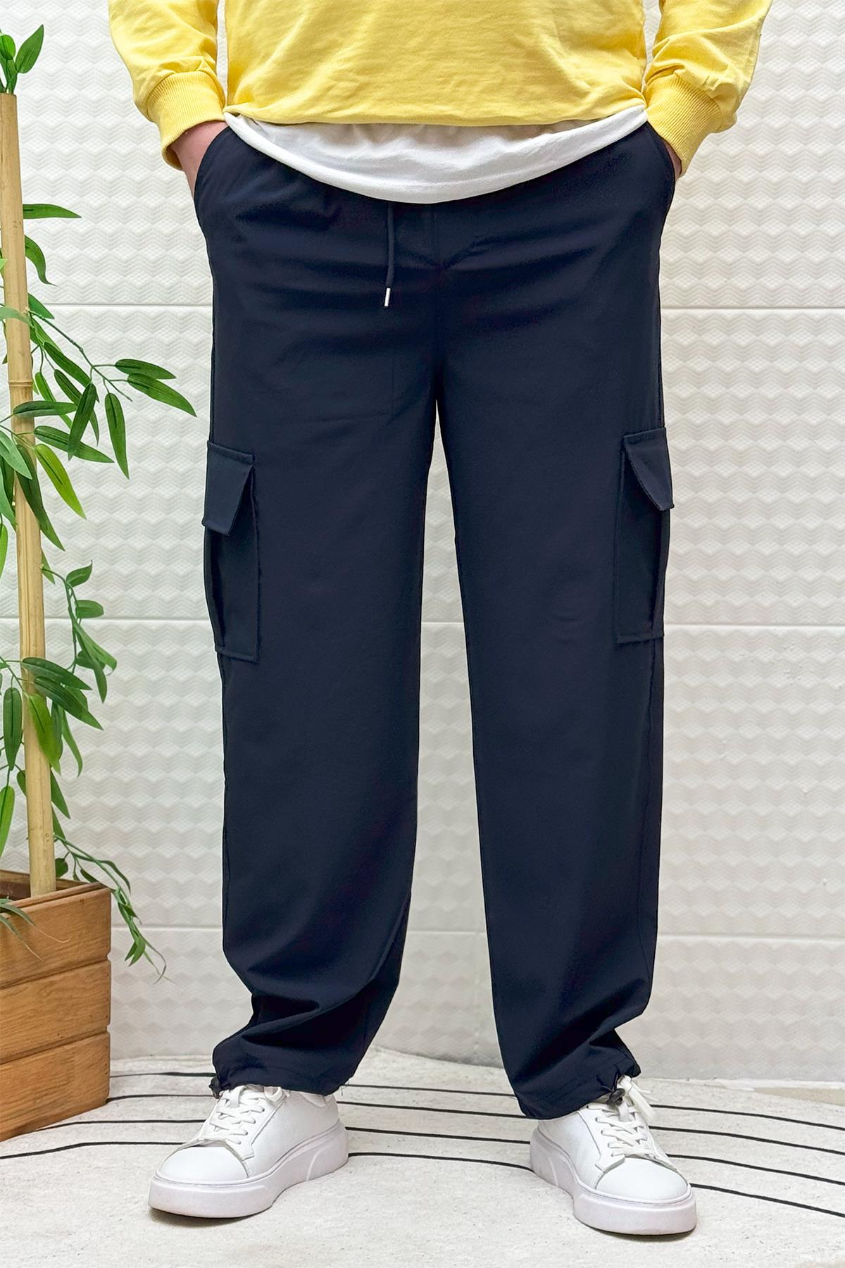 Erkek Full Likralı Rahat Kesim Kargo Cepli  Baggy Jogger Pantolon - Lacivert