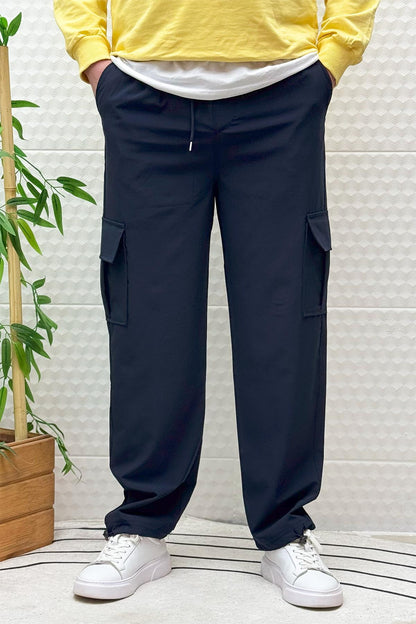Erkek Full Likralı Rahat Kesim Kargo Cepli  Baggy Jogger Pantolon - Lacivert