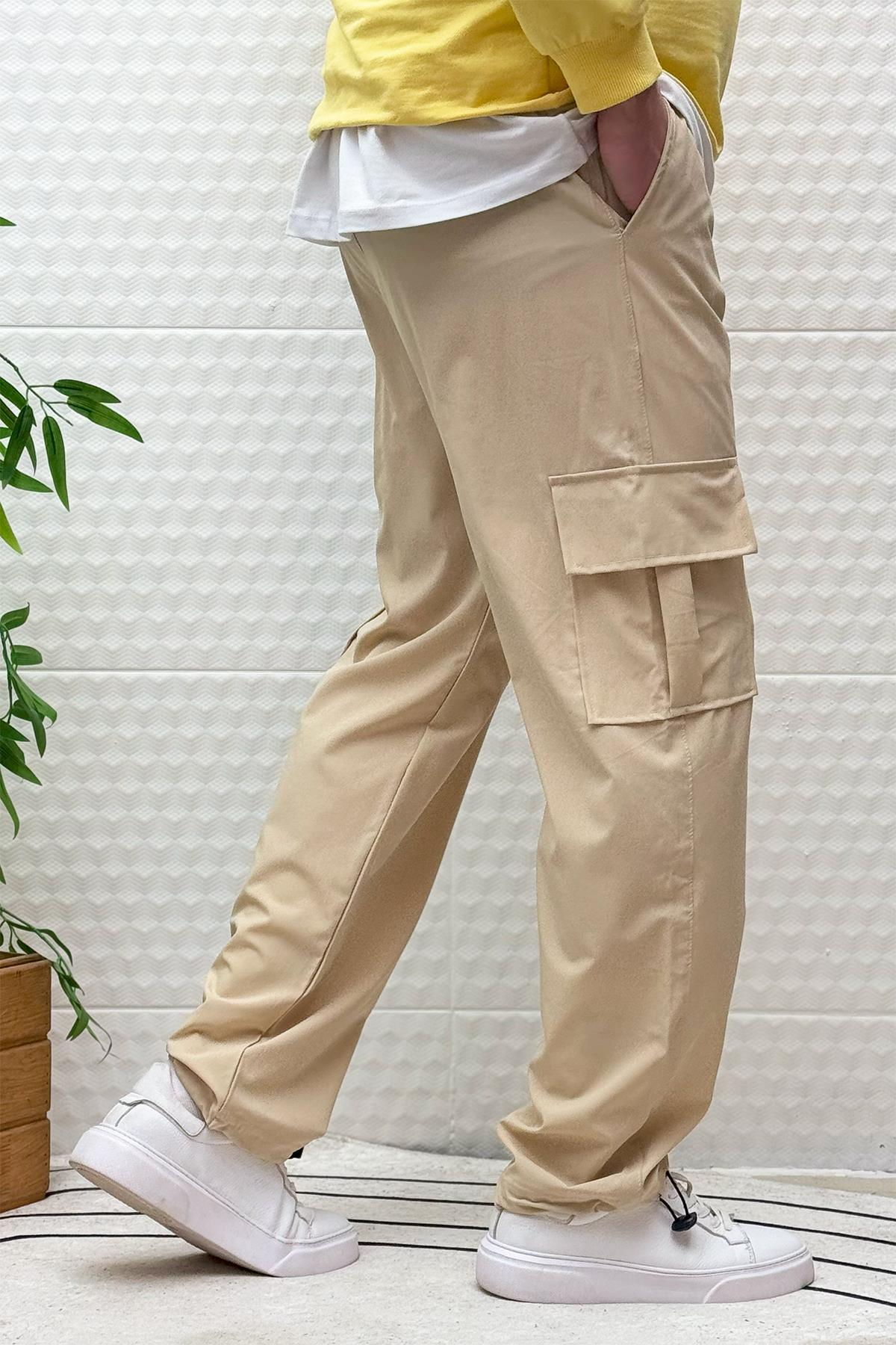 Erkek Full Likralı Rahat Kesim Kargo Cepli  Baggy Jogger Pantolon - Bej