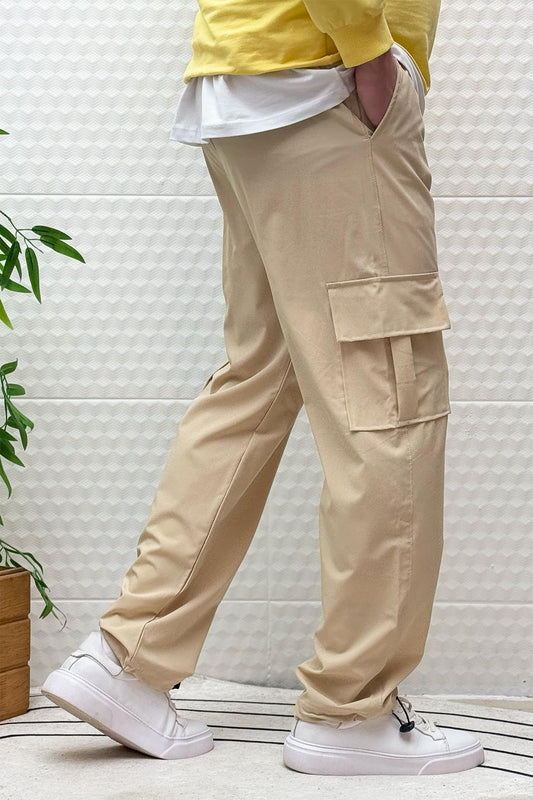 Erkek Full Likralı Rahat Kesim Kargo Cepli  Baggy Jogger Pantolon - Bej